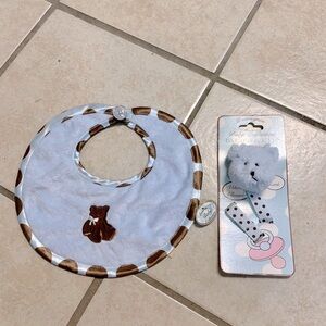 Boys Blue & Brown Teddy Bear Bearington Baby Bib & Pacifier Holder Clip Set NWT